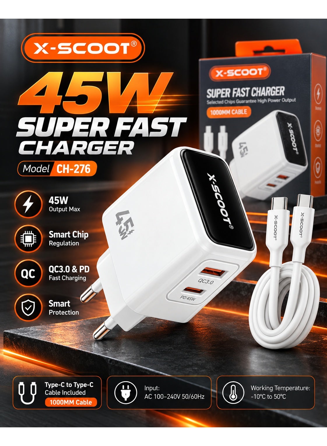 CH-276 45W Super Fast Wall Charger with 1M Type-C to Type-C Cable, Super VOOC Fast Charging, Smart Chip, High Power Output, Safe Charging Adapter, AC 100-240V for Smartphones Tablets