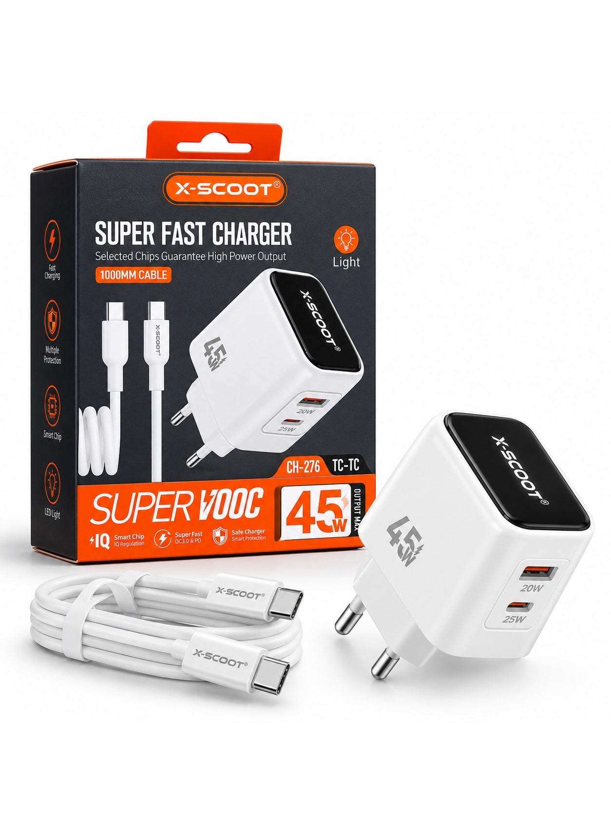 CH-276 45W Super Fast Wall Charger with 1M Type-C to Type-C Cable, Super VOOC Fast Charging, Smart Chip, High Power Output, Safe Charging Adapter, AC 100-240V for Smartphones Tablets