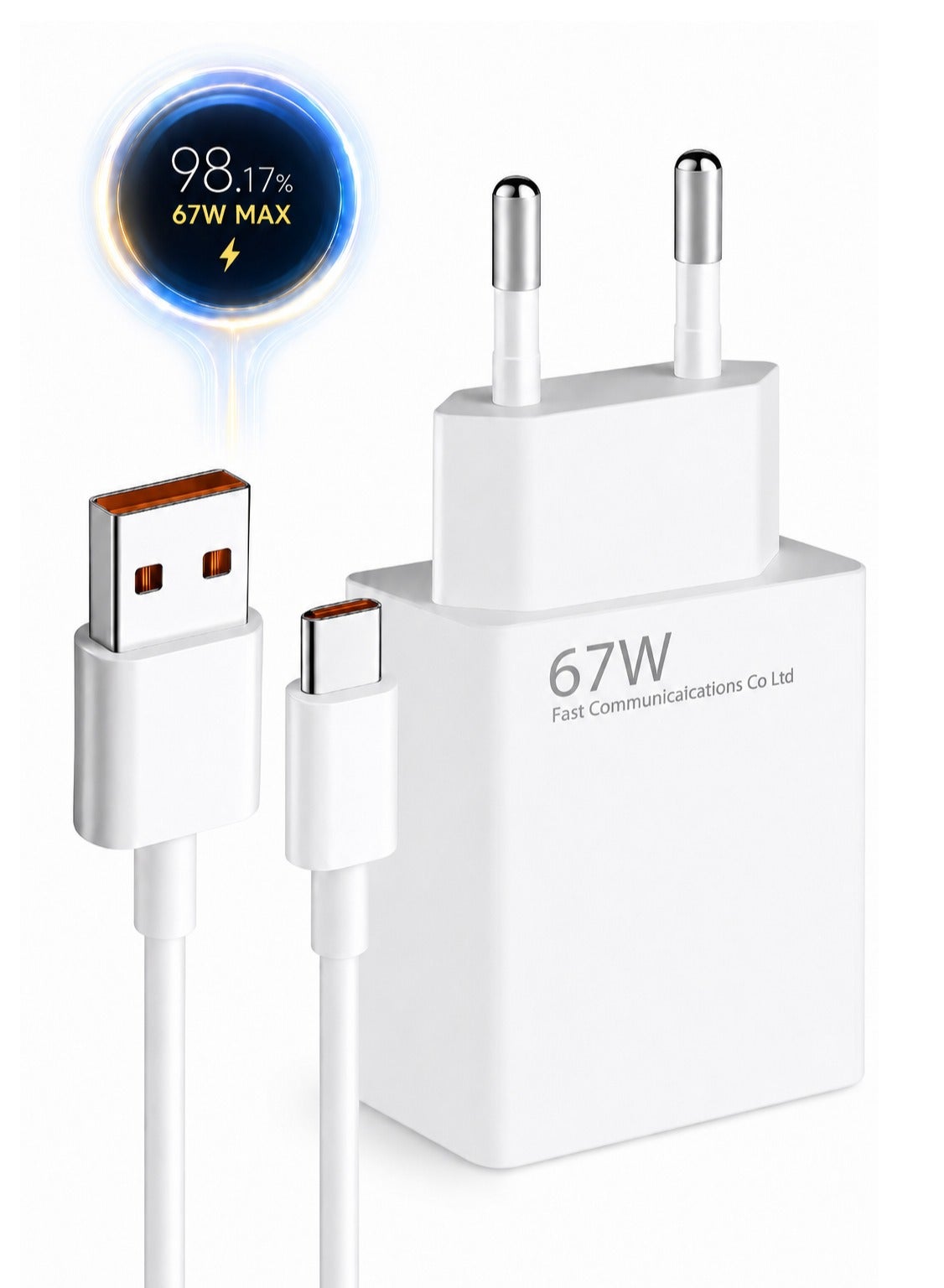 67W MAX Fast Wall Charger + USB-A to USB-C Cable, High-Speed Charging Adapter Compatible with Xiaomi, Redmi & POCO Smartphones - White