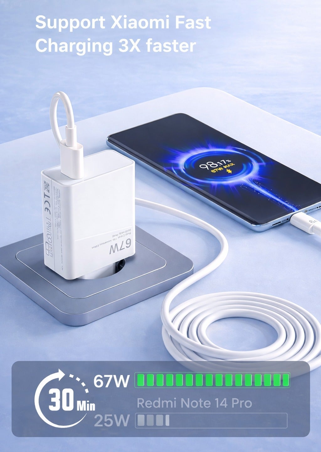 67W MAX Fast Wall Charger + USB-A to USB-C Cable, High-Speed Charging Adapter Compatible with Xiaomi, Redmi & POCO Smartphones - White
