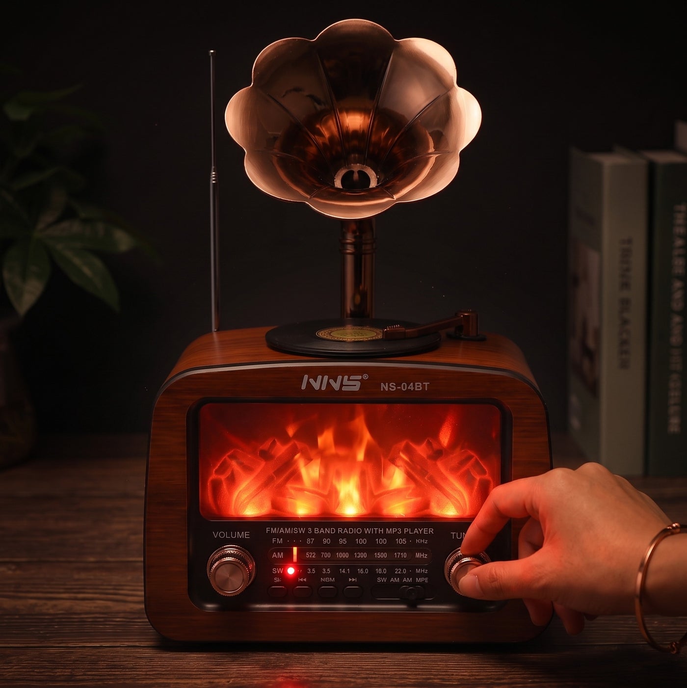 NNS Vintage Gramophone Retro Radio and Bluetooth Speaker with Flame Lamp Effect, 3-Band FM AM SW, USB TF Card Player Brown 1800mAh NS-04BT