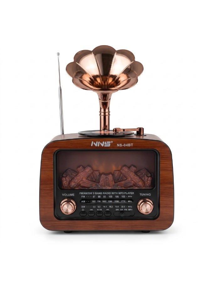 NNS Vintage Gramophone Retro Radio and Bluetooth Speaker with Flame Lamp Effect, 3-Band FM AM SW, USB TF Card Player Brown 1800mAh NS-04BT