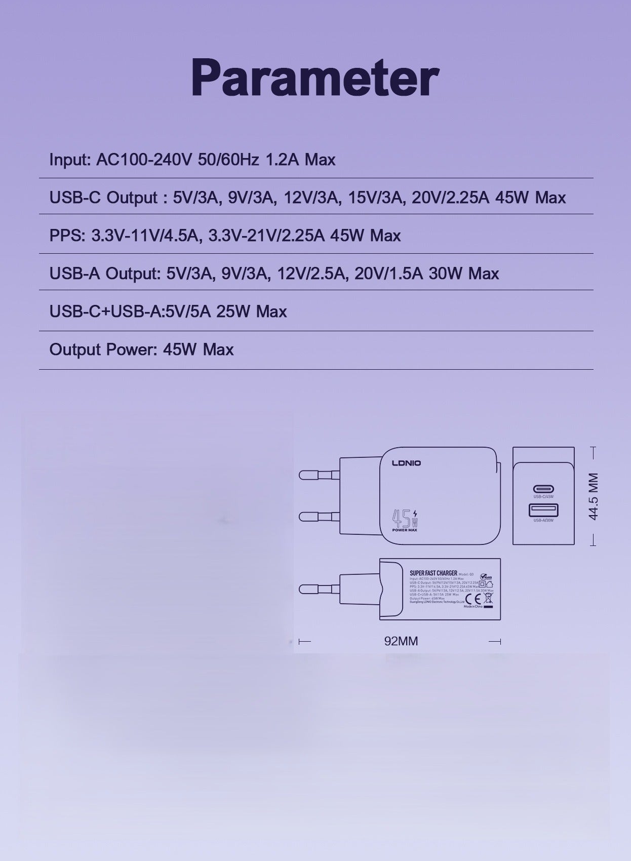 LDNIO Charger PD 45W USB-A+USB-C Super Fast Charger Support PD3.0/PPS/QC4+/QC3.0- Black
