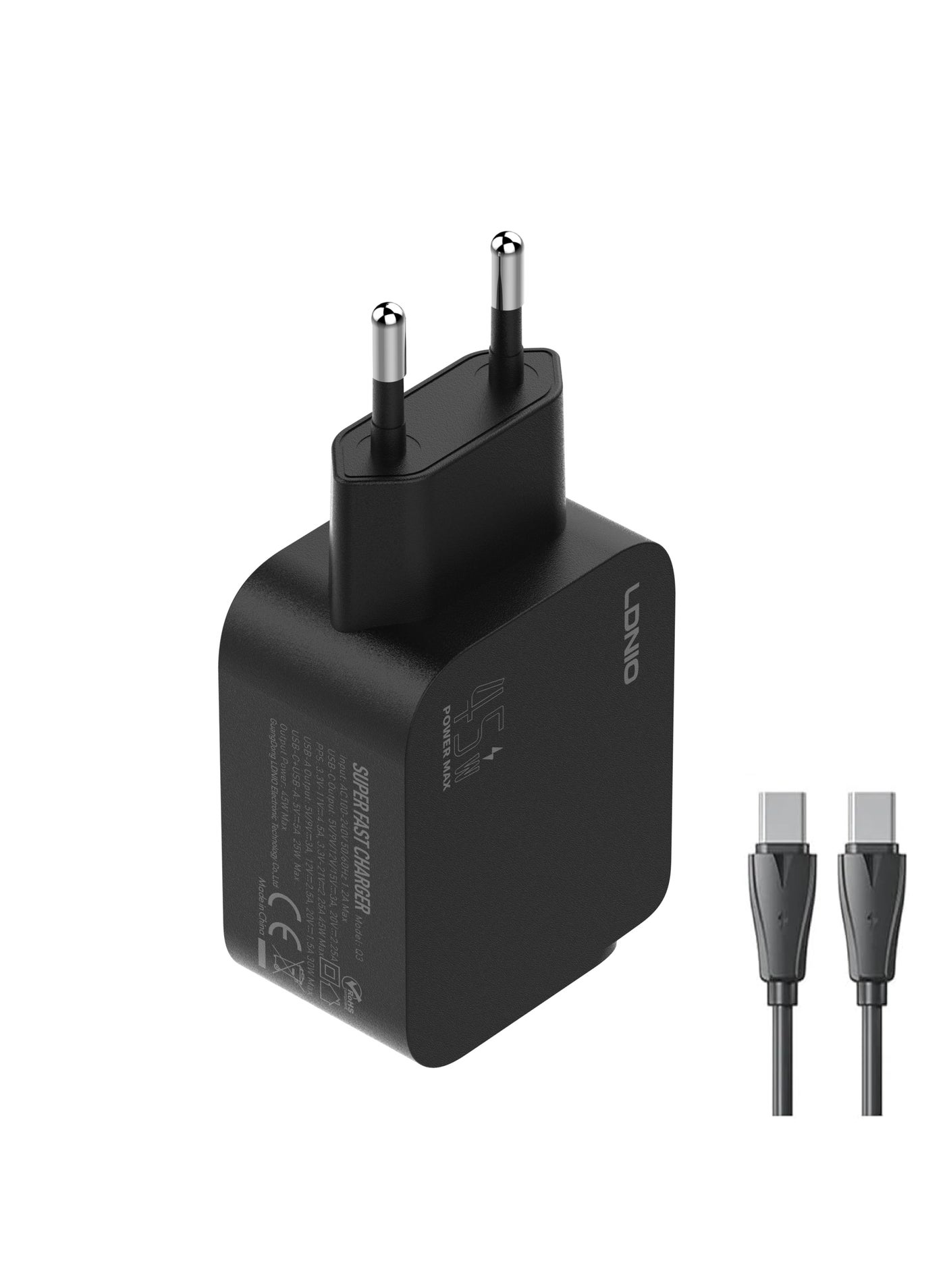 LDNIO Charger PD 45W USB-A+USB-C Super Fast Charger Support PD3.0/PPS/QC4+/QC3.0- Black