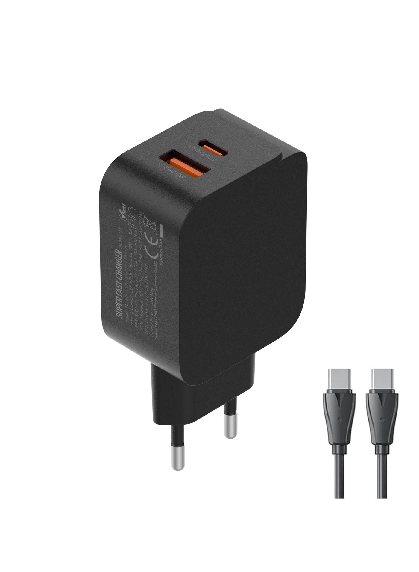 LDNIO Charger PD 45W USB-A+USB-C Super Fast Charger Support PD3.0/PPS/QC4+/QC3.0- Black