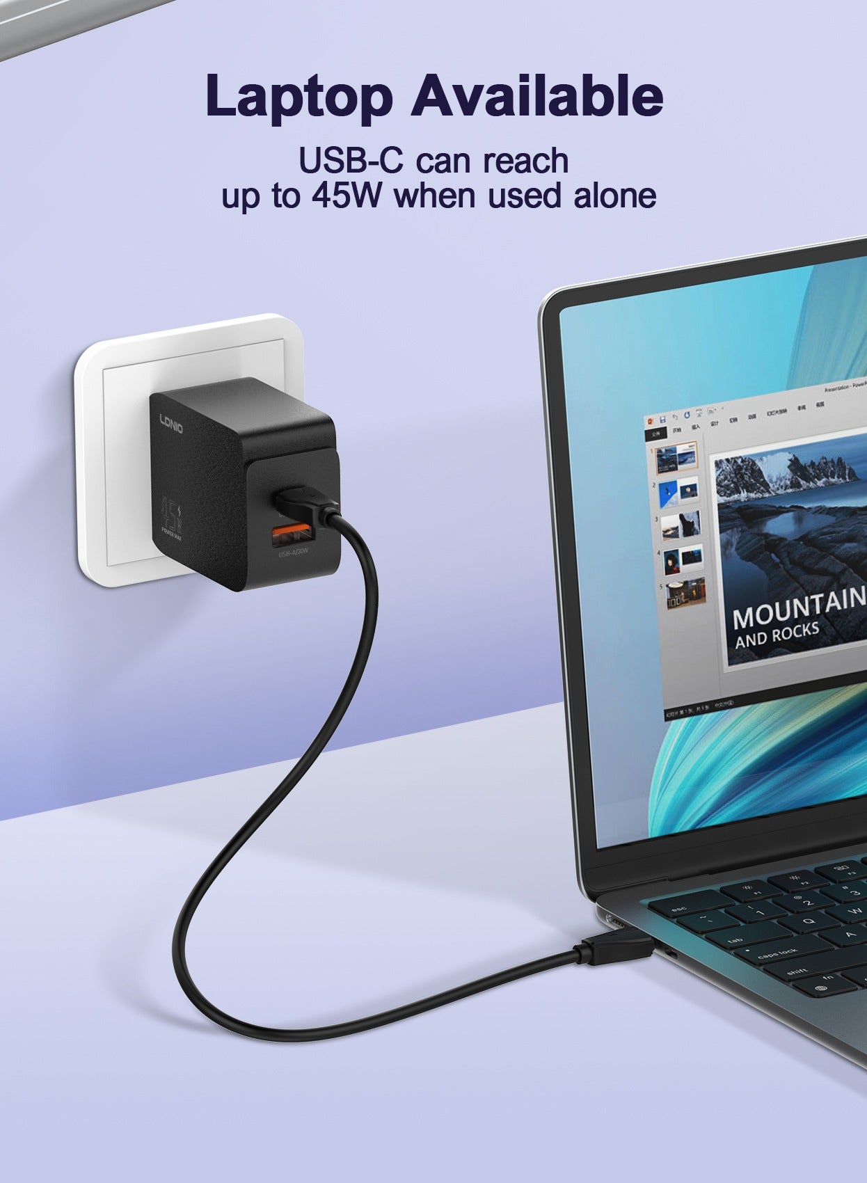 LDNIO Charger PD 45W USB-A+USB-C Super Fast Charger Support PD3.0/PPS/QC4+/QC3.0- Black
