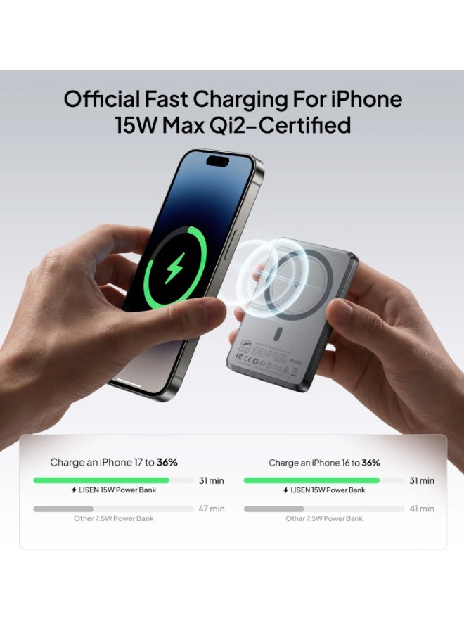 LISEN P601 Qi2 Ultra-Slim Magnetic Power Bank 5000mAh, 15W Wireless Charging