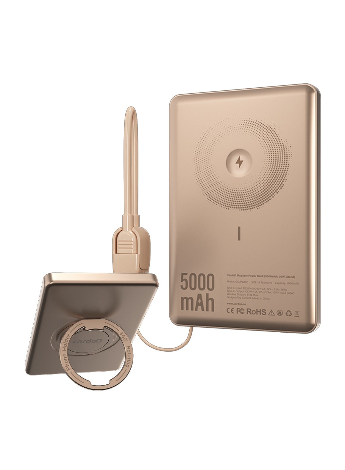 cardoO Power Bank 5000mAh – Slim & Portable – Fast USB-C PD Charging – Universal Compatibility – Gold