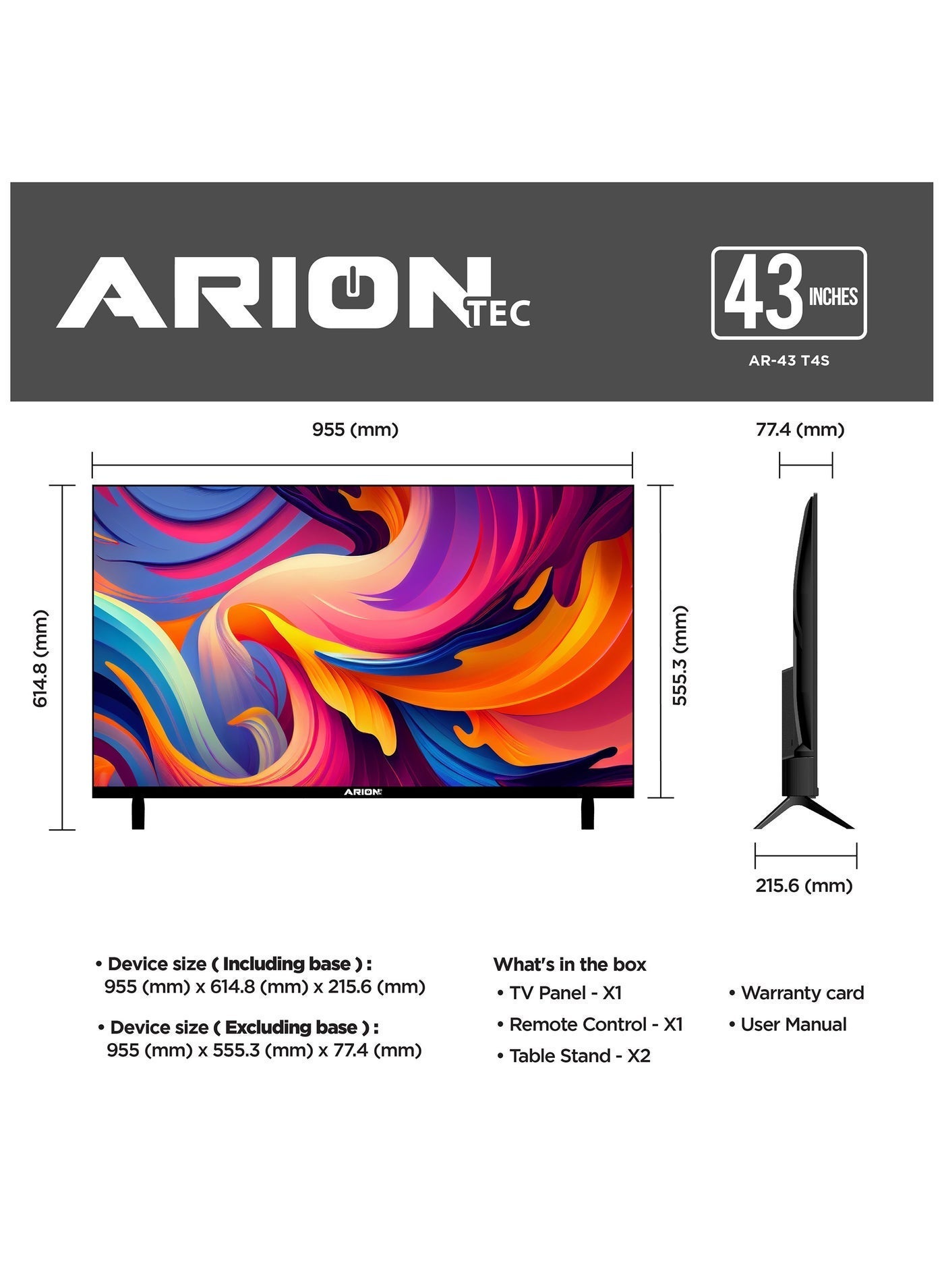 Arion 43-Inch Full HD Smart Android TV, A+ Grade Panel, Frameless Design, Wi-Fi, HDMI & USB Connectivity – AR-43 T4S