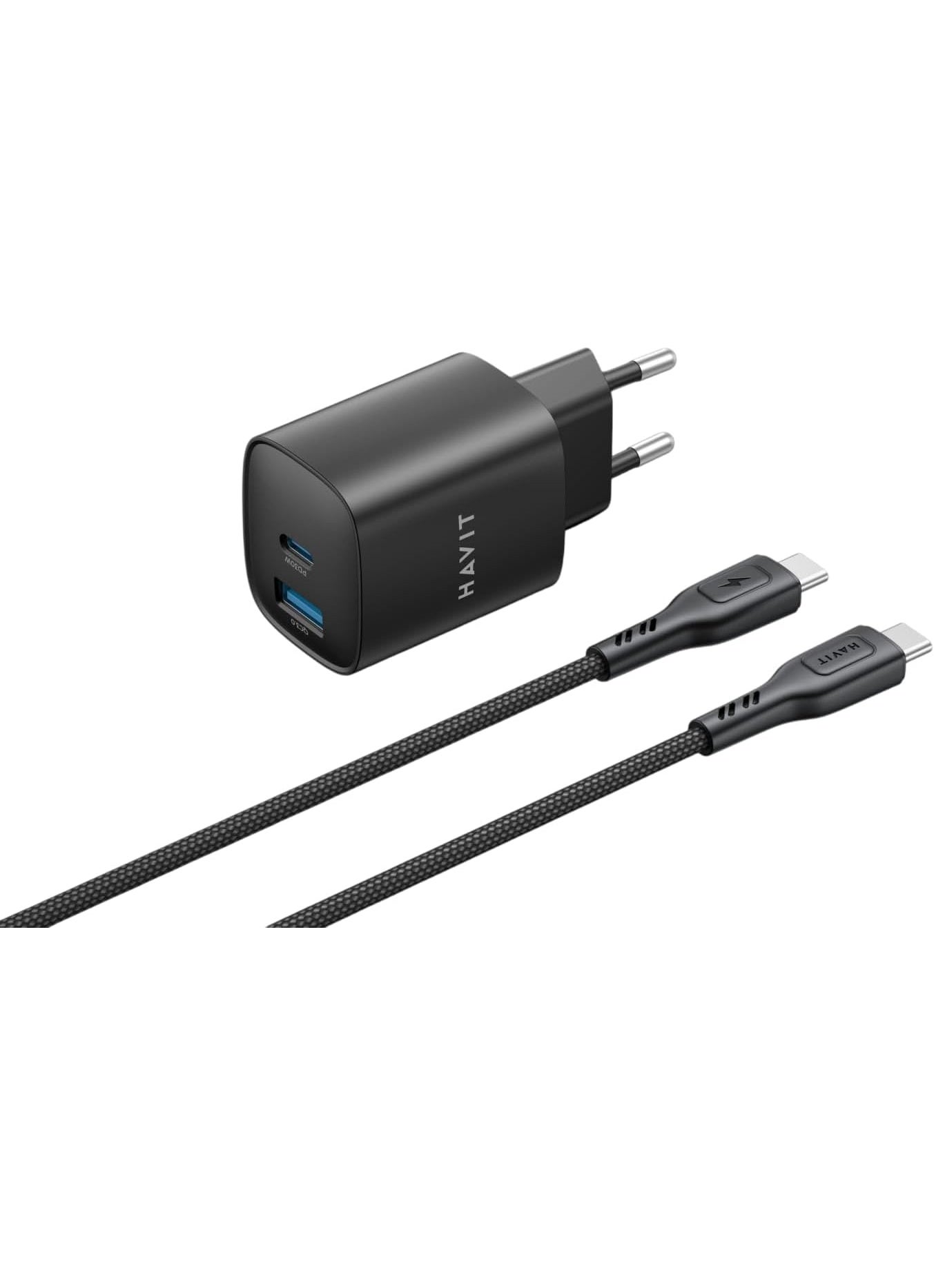 HAVIT ST932-30W GaN Wall Charger with 60W USB-C to USB-C Nylon Cable, EU Plug, Fast Charging Adapter for Smartphones, Tablets, Laptops, Nintendo Switch & Other USB-C Devices