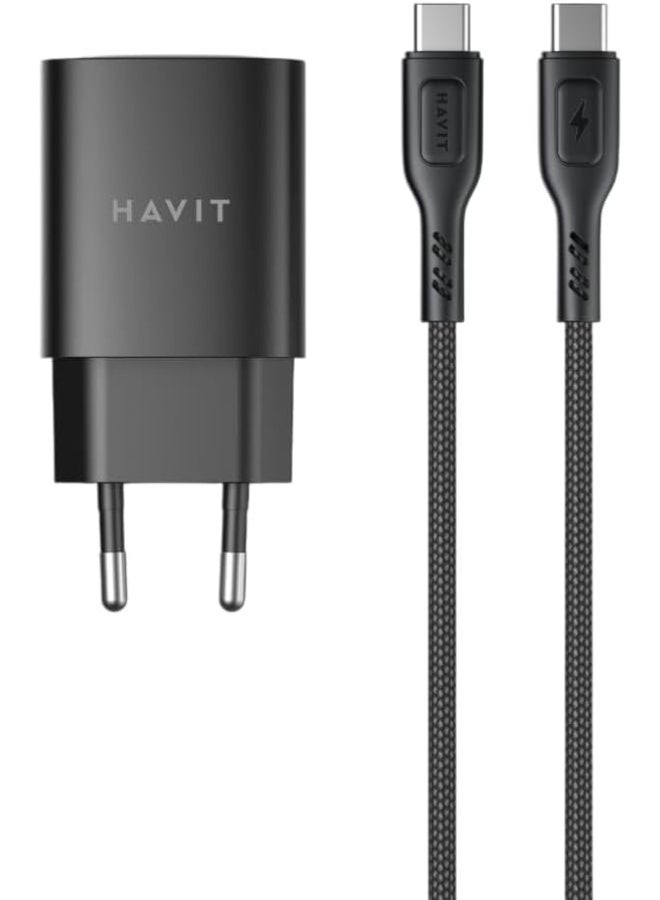 HAVIT ST932-30W GaN Wall Charger with 60W USB-C to USB-C Nylon Cable, EU Plug, Fast Charging Adapter for Smartphones, Tablets, Laptops, Nintendo Switch & Other USB-C Devices