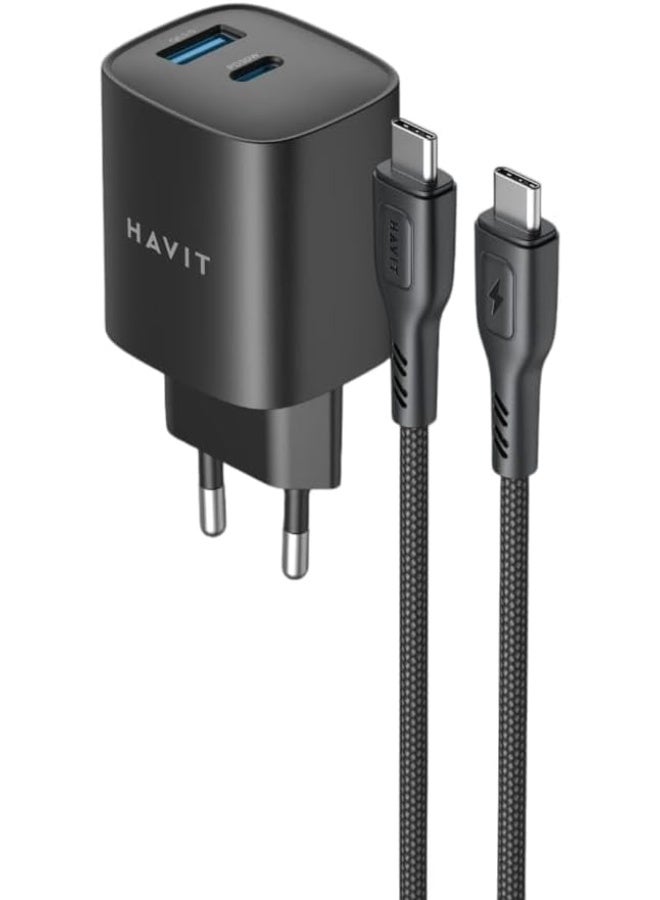 HAVIT ST932-30W GaN Wall Charger with 60W USB-C to USB-C Nylon Cable, EU Plug, Fast Charging Adapter for Smartphones, Tablets, Laptops, Nintendo Switch & Other USB-C Devices