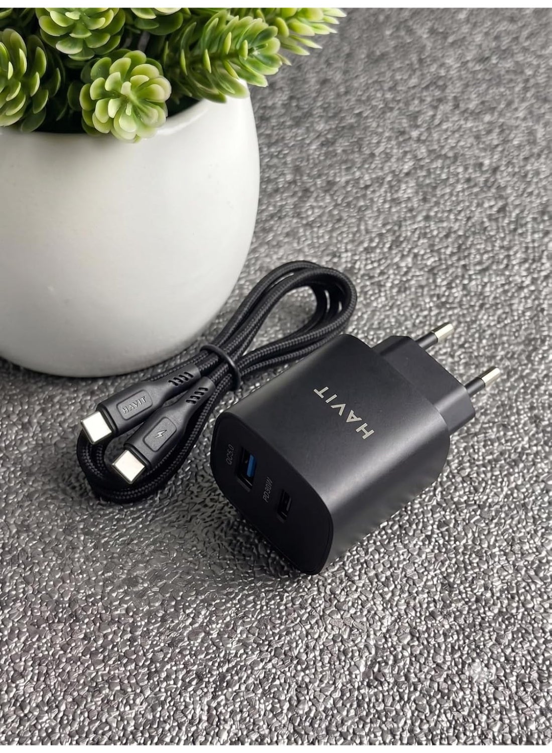 HAVIT ST932-30W GaN Wall Charger with 60W USB-C to USB-C Nylon Cable, EU Plug, Fast Charging Adapter for Smartphones, Tablets, Laptops, Nintendo Switch & Other USB-C Devices