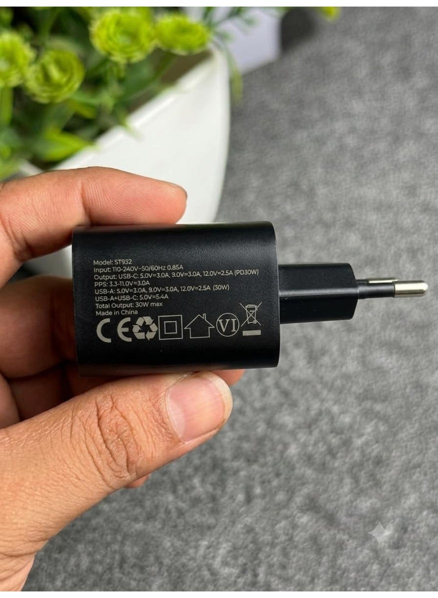 HAVIT ST932-30W GaN Wall Charger with 60W USB-C to USB-C Nylon Cable, EU Plug, Fast Charging Adapter for Smartphones, Tablets, Laptops, Nintendo Switch & Other USB-C Devices
