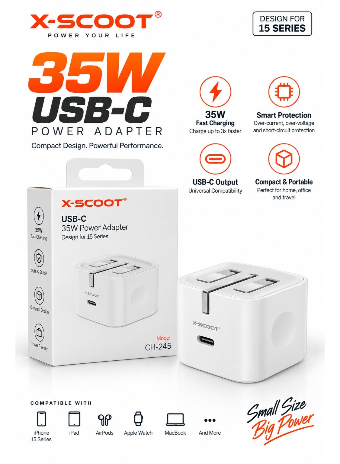 CH-245 35W USB-C Power Adapter, Type-C Fast Wall Charger, Compact Portable Charging Adapter for Smartphones, Tablets & Compatible USB-C Devices – White