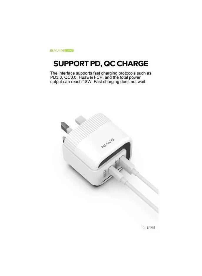 Bavin PC352E Ultra Fast Charging 18W Type C and USB charger in addition to the Type C charging cable for iPhone
