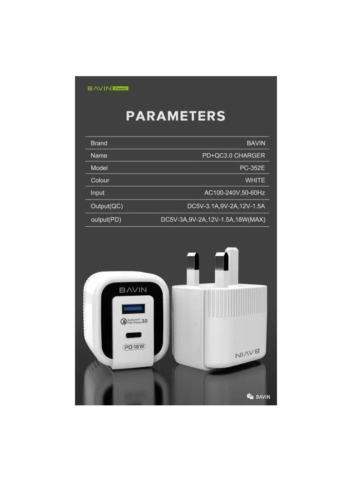 Bavin PC352E Ultra Fast Charging 18W Type C and USB charger in addition to the Type C charging cable for iPhone