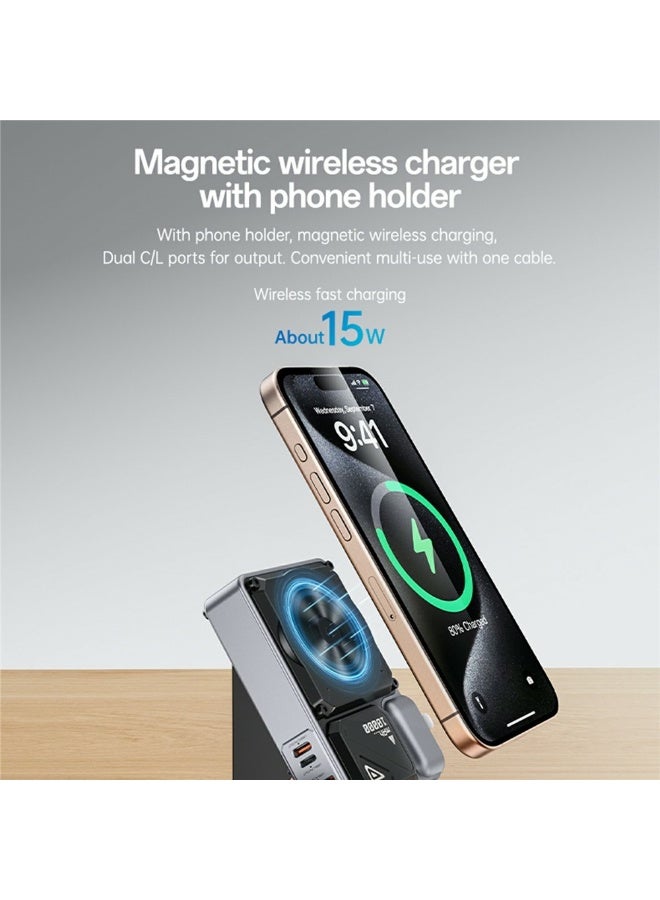 Yesido YP89 10000mAh Magnetic Wireless Power Bank with Built-in AC Plug & Cables - 22.5W Fast Charging Portable Charger with Phone Stand - Black/Grey