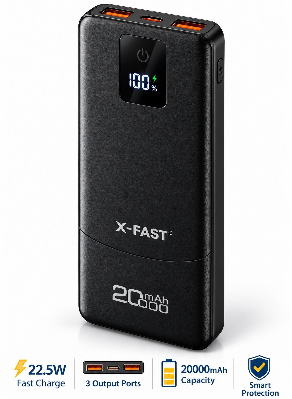 X-FAST 20000mAh Power Bank, 22.5W Fast Charging, Digital LED Battery Display, 3 Output Ports with USB-C & Dual USB-A, Smart Protection – Black