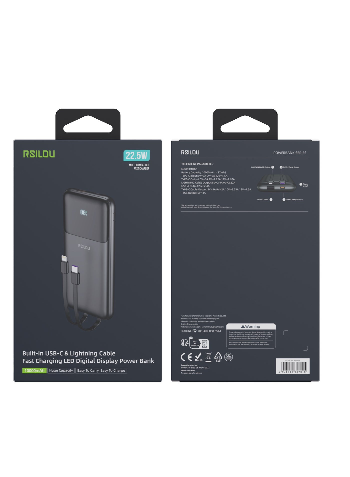 R1012-001 Dual Cabled Power Bank 10000mAh Capacity, Cabled Power Bank, Fast Charging, Digital Display, 22.5W Output Power, PD, 4 Output Ports, Built-in Type-C and Lightning Cables