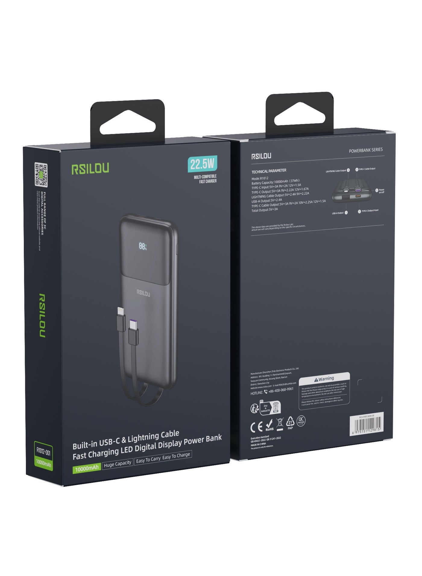R1012-001 Dual Cabled Power Bank 10000mAh Capacity, Cabled Power Bank, Fast Charging, Digital Display, 22.5W Output Power, PD, 4 Output Ports, Built-in Type-C and Lightning Cables