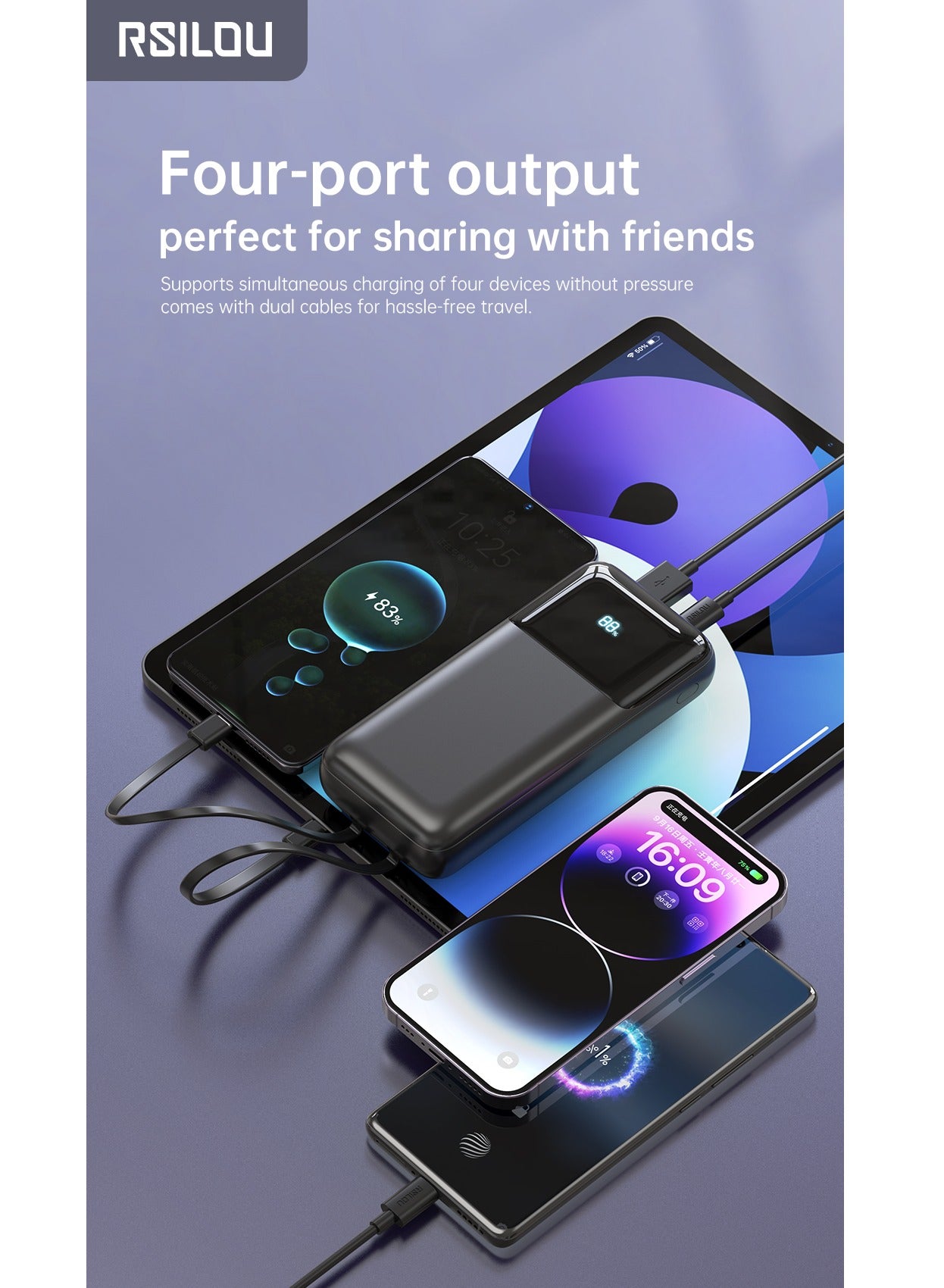R1012-001 Dual Cabled Power Bank 10000mAh Capacity, Cabled Power Bank, Fast Charging, Digital Display, 22.5W Output Power, PD, 4 Output Ports, Built-in Type-C and Lightning Cables