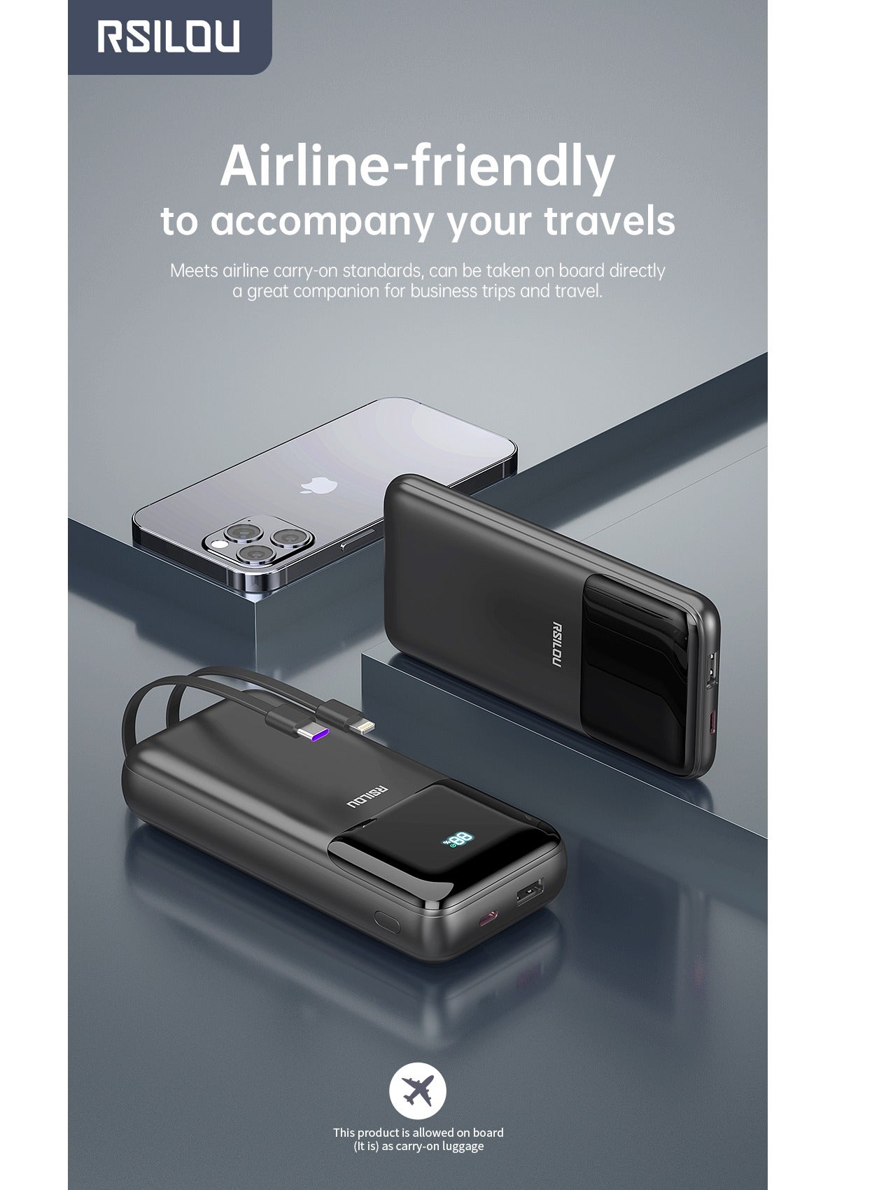 R1012-001 Dual Cabled Power Bank 10000mAh Capacity, Cabled Power Bank, Fast Charging, Digital Display, 22.5W Output Power, PD, 4 Output Ports, Built-in Type-C and Lightning Cables