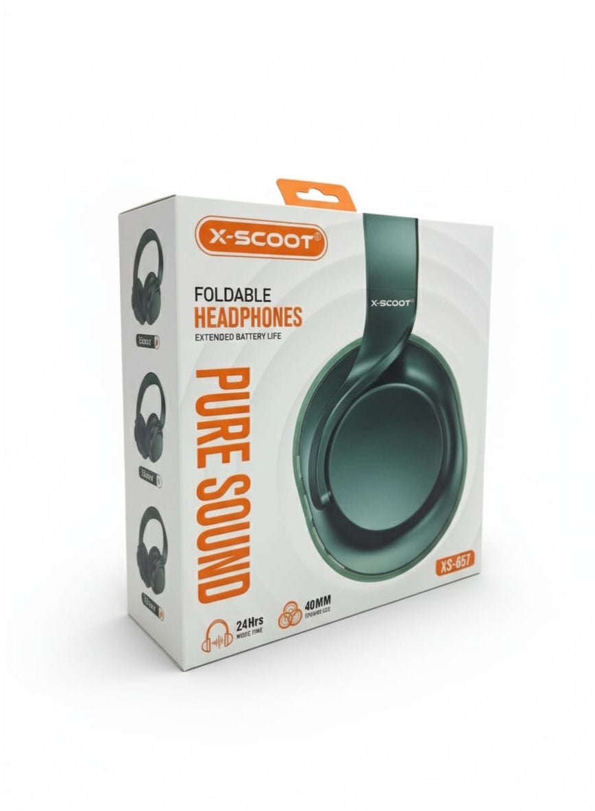 XS-652 Foldable Stereo Headphones with Pure Sound 40mm Drivers, Extended Battery Life, HD Mic, Voice Assistant Support, TF Card & 3.5mm AUX-In , Comfortable Cushions for Everyday Use - Green