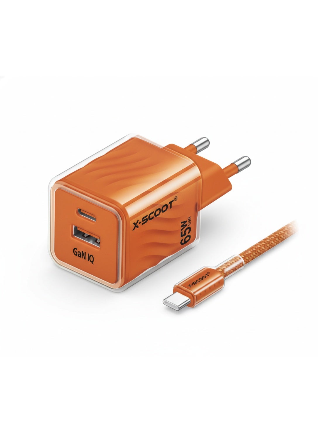 CH-271 65W Super Fast Mobile Wall Charger with Type-C to Type-C Data Cable , High Speed Charging Adapter for Phone and Smartphone, Dual Output USB & Type-C, GaN IQ Technology, Compact Travel Charger with Safe High Power Output- Orange