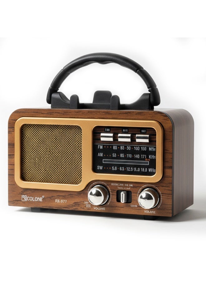 RX-977S Portable Multi Band FM/AM/SW Radio with Bluetooth Speaker, MP3 Player, USB & TF Card Support, Battery Powered, Type-C Charging, Classic Wooden Retro Design