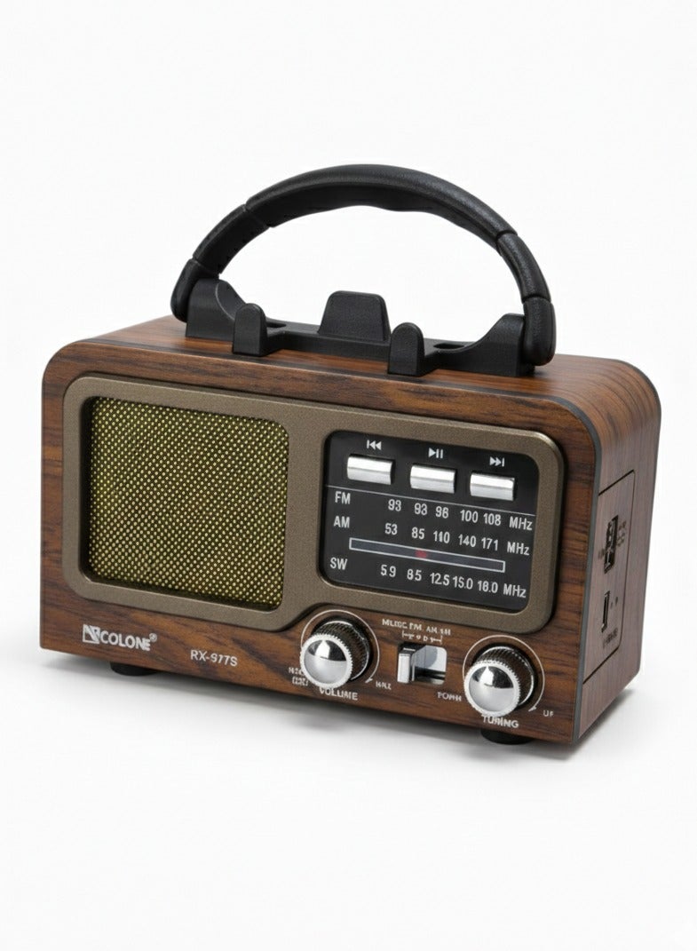 RX-977S Portable Multi Band FM/AM/SW Radio with Bluetooth Speaker, MP3 Player, USB & TF Card Support, Battery Powered, Type-C Charging, Classic Wooden Retro Design