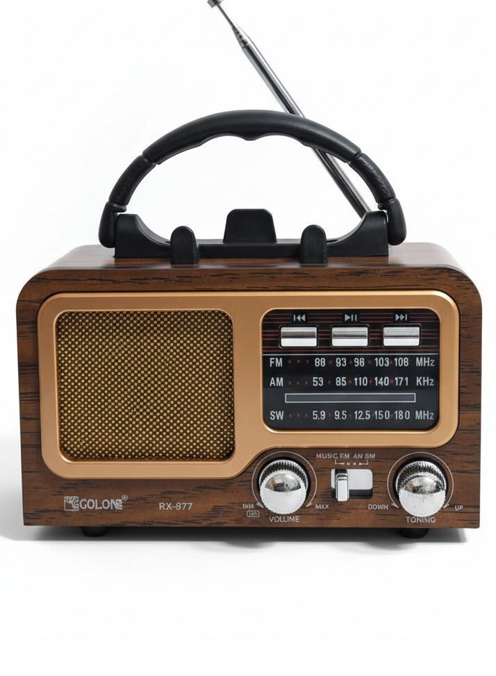 RX-977S Portable Multi Band FM/AM/SW Radio with Bluetooth Speaker, MP3 Player, USB & TF Card Support, Battery Powered, Type-C Charging, Classic Wooden Retro Design