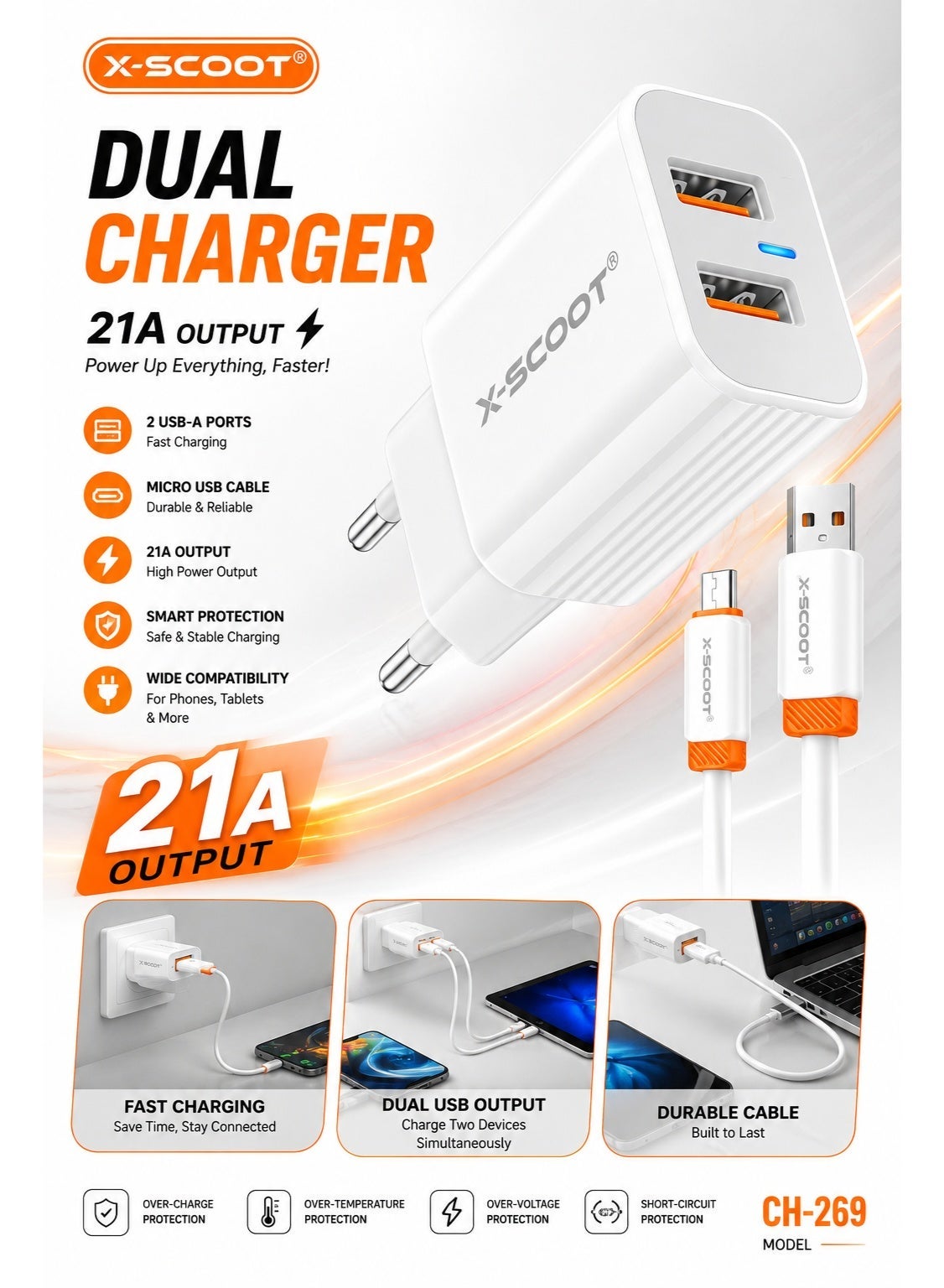 CH-269 2.1A Fast Wall Charger with Micro USB Cable – Safe & Stable Charging, Heat-Resistant Design, Intelligent Protection System, Compact Lightweight Adapter, Universal Micro USB Compatibility for Smartphones, Tablets & Other Micro USB Devices – White